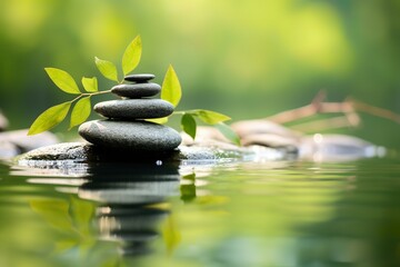 Zen stones pyramid on water surface, green leaves over it | Generative AI