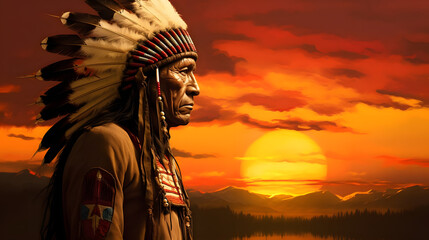 native american indian chief at sunset art, - obrazy, fototapety, plakaty