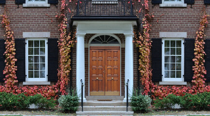 Front door of house surrounded by colorful ivy in fall