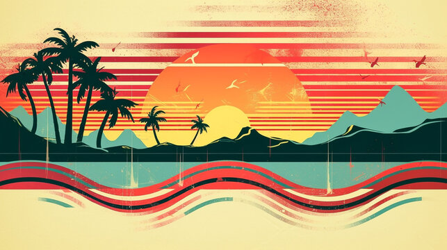 Vibrant retro illustration of sunset over the sea. 70s or 80s vibe, waves and warm summer colors at the beach