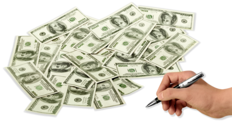 Hand with pen and money