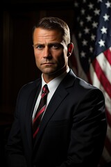 Portrait of an American male politician with a US flag in the background