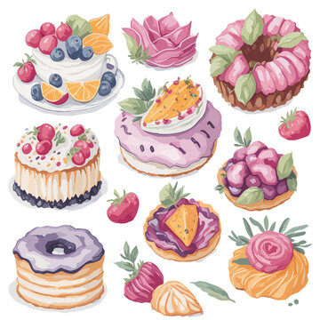 cute vector drawing cute cakes and donuts and ice creams watercolor art