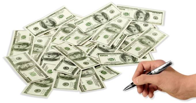 Hand with pen and money
