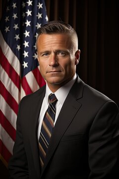 Portrait of an American male politician with a US flag in the background