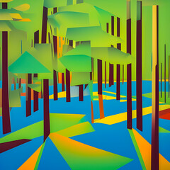 Illustration created by AI generator of an cubism art of environment in a forest