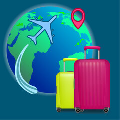 Vector illustration of flying air plane on blue planet background. Luggage on background of globe, trip and tourism. Travel suitcase concept. Vacation and recreation, flights on airplanes.
