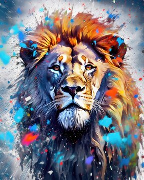 Lion  Form And Spirit Through An Abstract Lens. Dynamic And Expressive Lion Print By Using Bold Brushstrokes, Splatters, And Drips Of Paint. Lion Raw Power And Untamed Energy