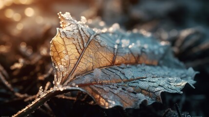 Morning frost on a detailed leaf