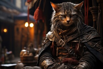 Plakat a cat in armor sitting in a room