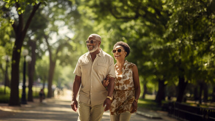 A middle age black couple walking in the park on a summer day
