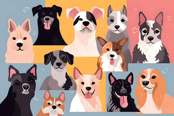 Obraz na płótnie Canvas Flat vector illustration art collage made of funny dogs different breeds on multicolored studio background 