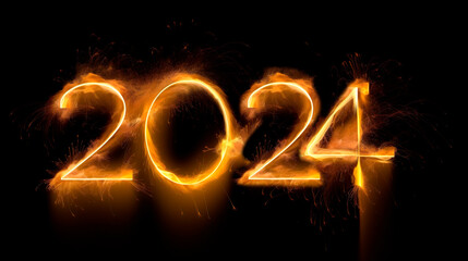 Happy new year 2024 concept. Numbers 2024 with fire on black background. Generative Ai technology.