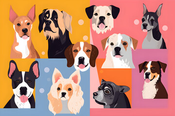  Flat vector illustration art collage made of funny dogs different breeds on multicolored studio background 