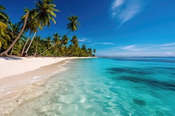 Fototapeta na wymiar a beach with palm trees and blue water