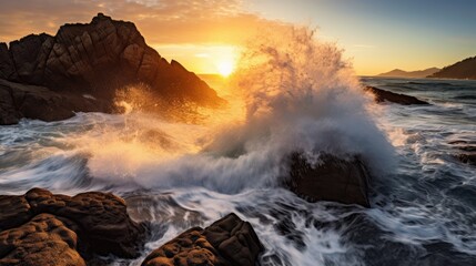 Roaring Fury: Powerful Waves Crashing against Rocky Coastline at Sunrise, AI Generative
