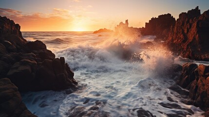 Naklejka premium Serene Power: Magnificent Ocean Waves Meeting Rocky Shoreline at Sunrise, AI Generative