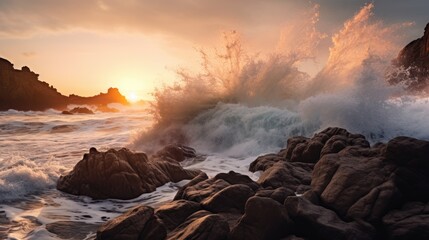 Obraz premium Wave Symphony: Energetic Crashing Waves on Rugged Cliffs in Morning Light, AI Generative