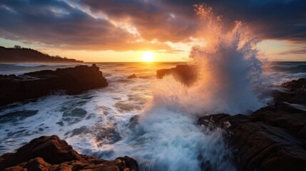 Majestic Reflections: Dramatic Sunrise with Waves Crashing against Dark, Jagged Rocks, AI Generative