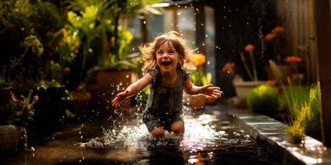 child splashing water in a backyard pool, her joy as radiant as the summer sun reflecting off the water droplets