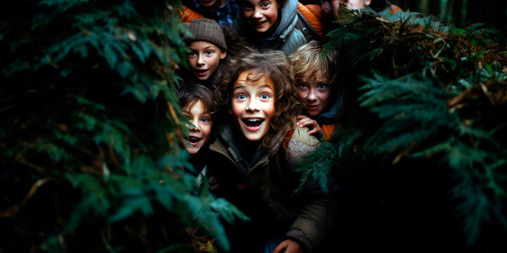 group of kids engaged in an exhilarating game of hide and seek in the forest