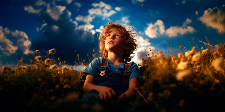child lying on the grass, gazing at clouds, the shapes triggering countless stories in his vibrant imagination