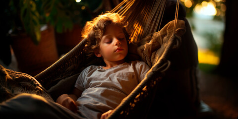 child sleeping peacefully in a hammock, his relaxed features portraying the serenity of a perfect summer day's end - obrazy, fototapety, plakaty
