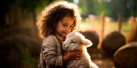 child petting a lamb at a petting zoo