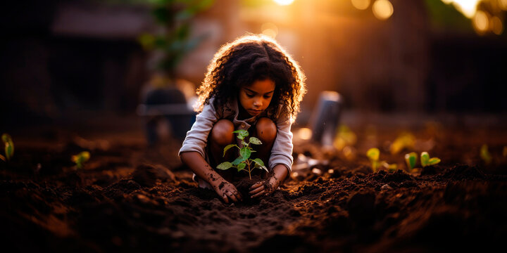 child planting saplings in the backyard, her small hands nurturing the seeds of a greener future