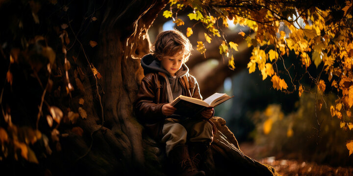 child engrossed in a book under a big tree, their imagination blossoming with the stories unfolding