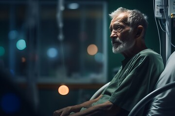 Portrait of a senior patient sitting in hospital bed at night ai generated