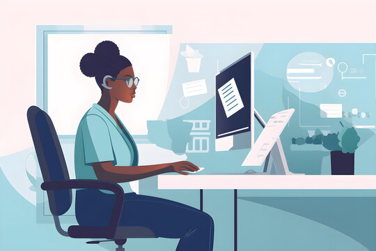  Flat vector illustration african healthcare nurse using desktop computer for day to day hospital operations beautiful young clinic professional using pc for online medical work in modern office in pu