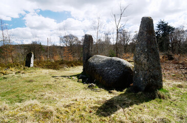 Cothiemuir prehistoric recumbent stone circle. N.E. of Alford, Grampian, Scotland. Recumbent stone and 2 flankers