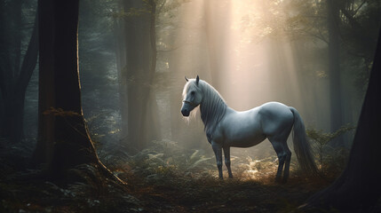 Naklejka na ściany i meble white horse in forest generative ai