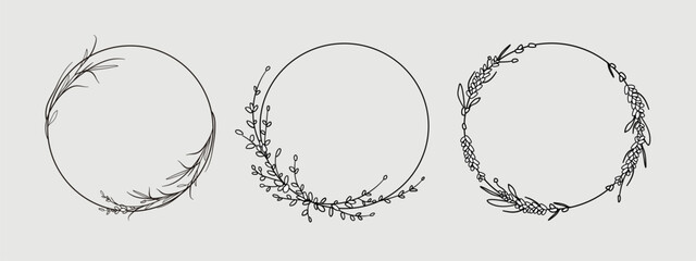 Fototapeta premium Lavender line art set on gray background. Lavender wreath flowers tattoo. Wedding design elements outline. Wedding circle border vector