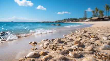 Fototapeta na wymiar Tropical summer sand beach and bokeh sun light on sea background. Generative AI
