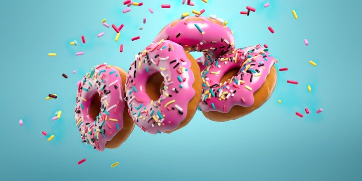Flying Frosted sprinkled donuts. Set of multicolored doughnuts with sprinkles isolate on colorful background. 3d rendering | Generative AI