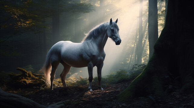 white horse in forest with spot light generative ai © KWY