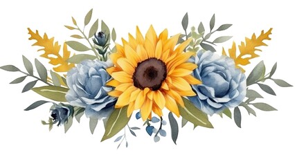 Sunflower and eucalyptus leaves bouquet Watercolor flora