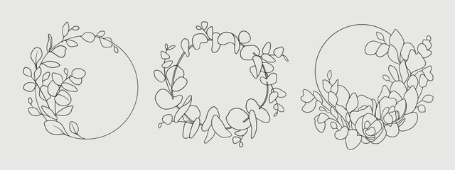 Line art Flowers Frame on gray background. Lavender wreath outline. Wedding circle border vector