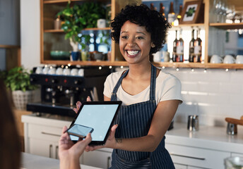 Happy woman, tablet and mockup screen for payment, ecommerce or tap in electronic purchase at cafe. Female waitress and customer with technology display for fintech transaction or paying at checkout