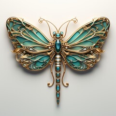 Dragonfly made of metal and gemstones in Art Nouveau style. Made with Generative AI.