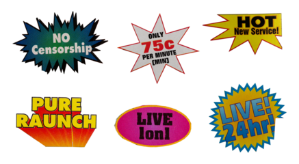 Cut out magazine vintage labels, price, words, stickers, letters, tags, sign and more, collection of different designs from vintage 90's magazine, png isolated on transparent background