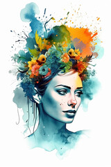 Watercolor portrait of a woman with flowers on her head, fashion illustration. Ai generated