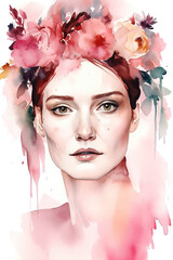 Watercolor illustration, portrait of a woman with flowers on her head. Ai generated