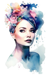 Watercolor portrait of a woman with flowers on her head, summer fashion illustration. Ai generated