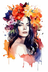 Watercolor portrait of a woman with flowers on her head, summer fashion illustration. Ai generated