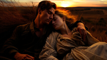 Fototapeta premium couple reclines on a blanket in an open field