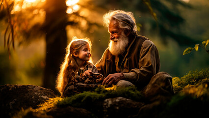 Grandfather and granddaughter sit on a mossy log in the park, soaking in the warmth of the setting sun while sharing stories