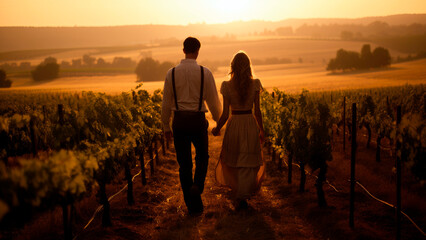 couple strolls along a vineyard